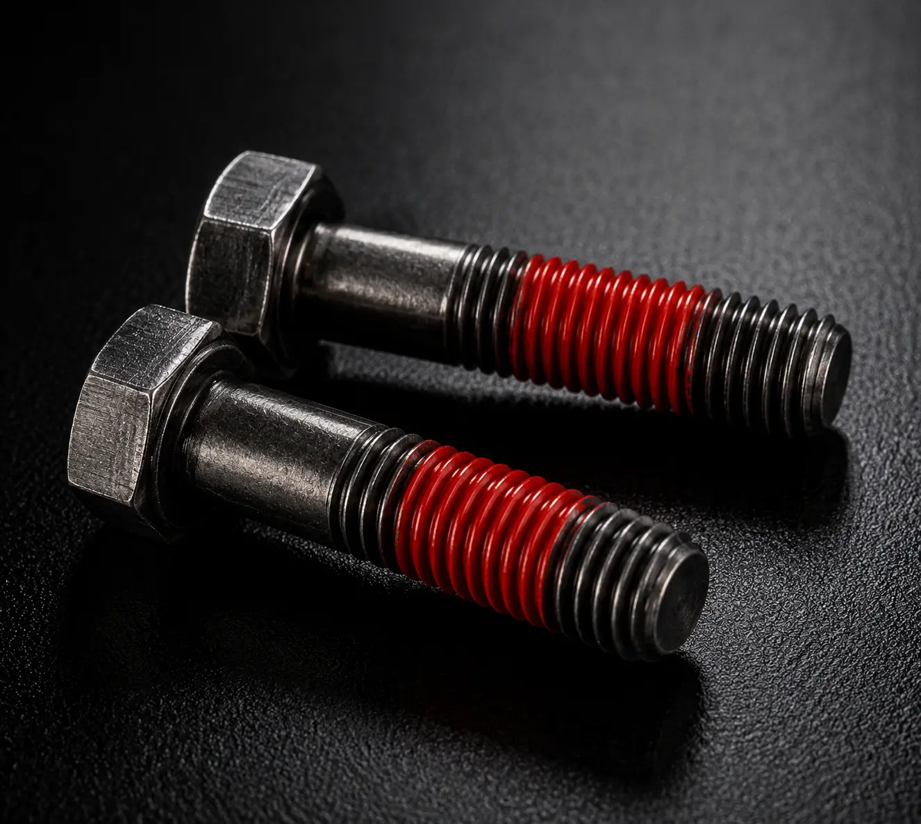 APET Nylon Patch Coating — polyamide patch coated hex bolts showing prevailing torque fastener coating dark