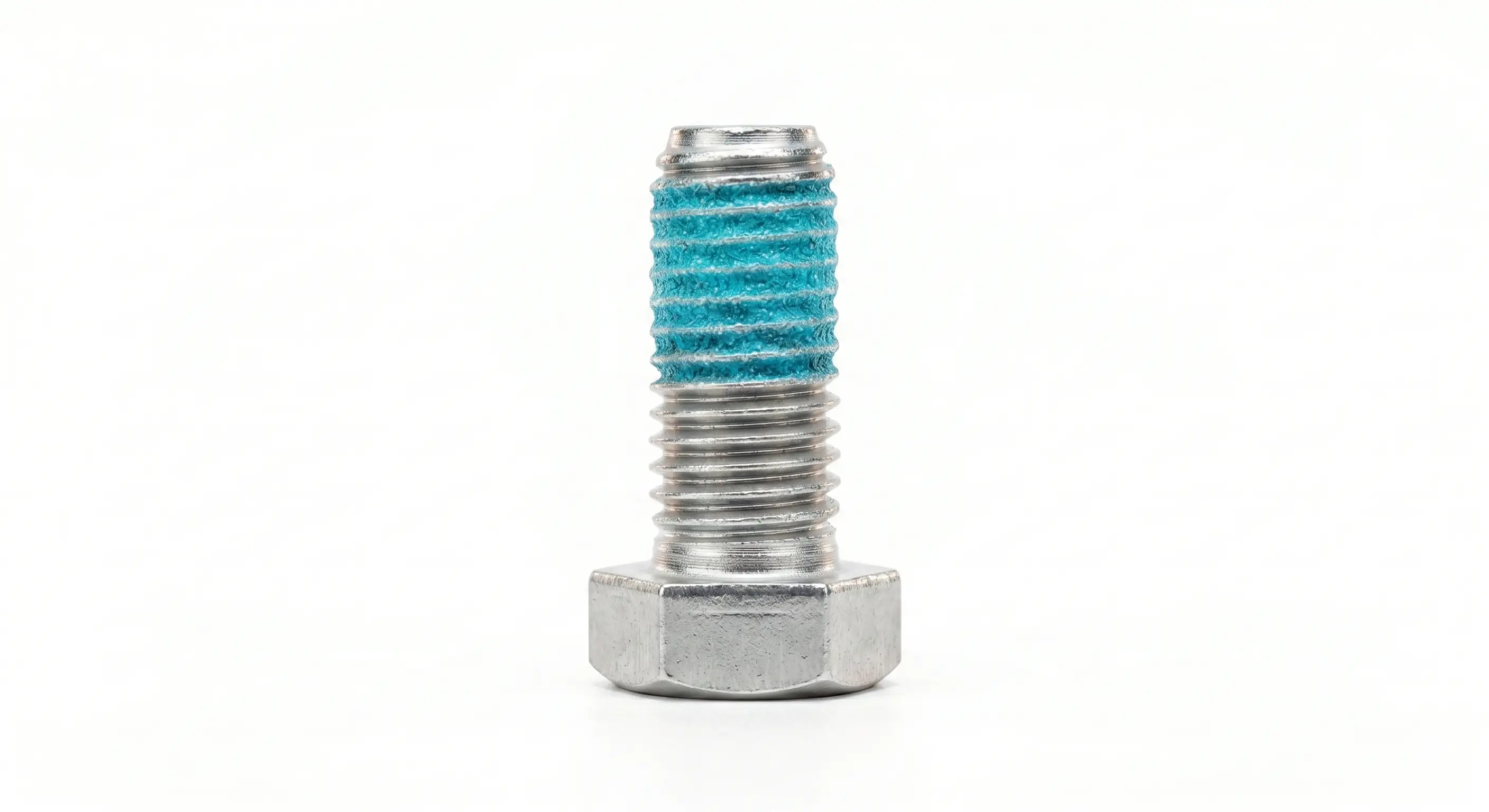 APET Thread Sealing Coating — multiple turquoise pre-applied thread sealant coated fasteners