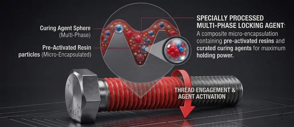APET Microencapsulated Threadlocking Coating — red multi-phase locking agent showing thread engagement and agent activation