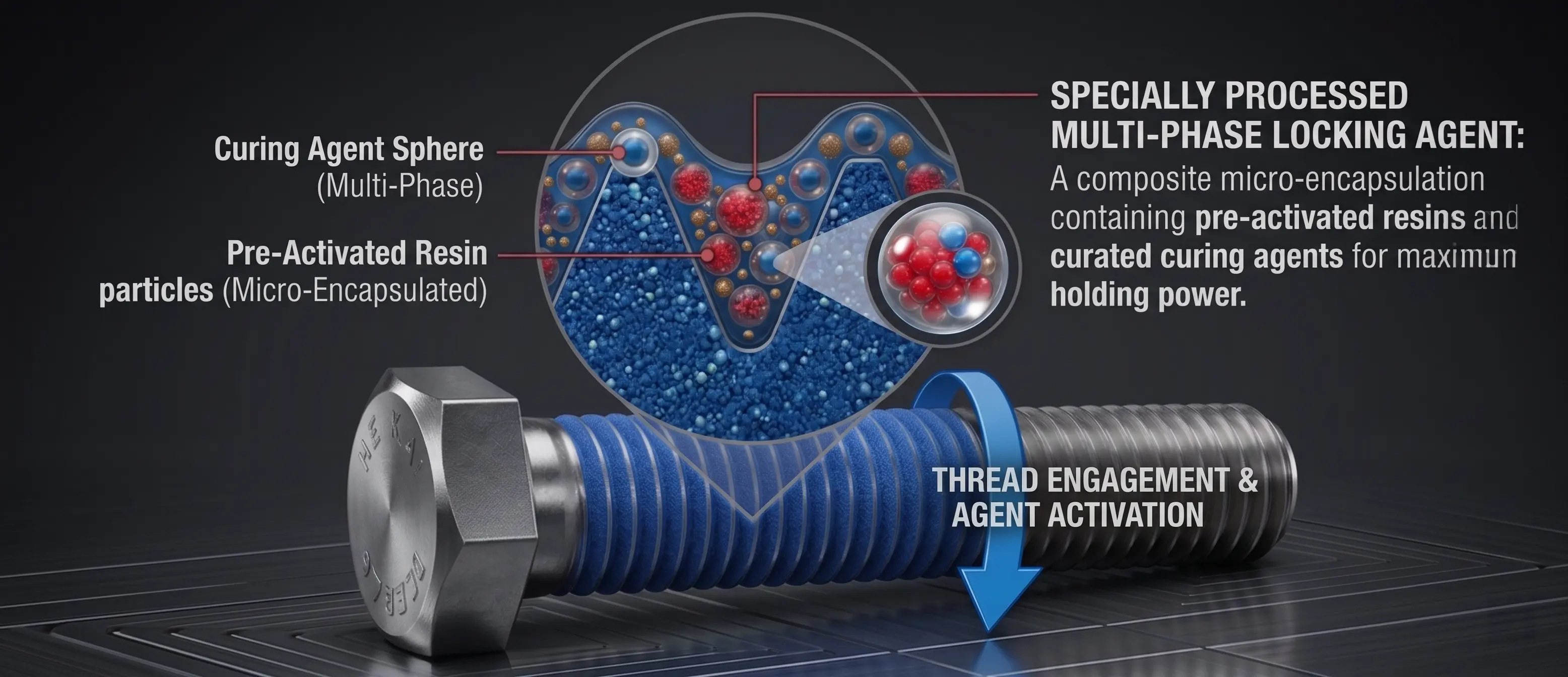 APET Microencapsulated Threadlocking Coating — multi-phase locking agent showing microencapsulated resin and curing components on industrial bolt thread